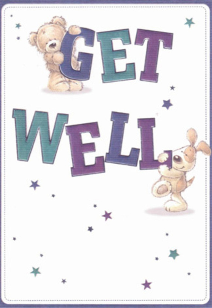 A delightful celebration of encouragement is beautifully rendered in this get well card, weaving together the familiar charm of New Barnet's close-knit neighborhoods and the tender artistry of a well-chosen floral arrangement. The card features a cheerful bear and an exuberant puppy, their textures vivid: the bear's plush fur and the puppy's unmistakably soft, velvety ears invite you to imagine their cuddly embrace. Playful stars, scattered across the airy white background in blues and purples, seem to scatter blessings with every twinkle, much like petals drifting on a soft Barnet breeze. The typography commands presence-bold, oversized, and shaded in rich purples and aquas-anchoring the design and doubling as a heartfelt wish. There's a tactile quality to each illustrated detail, as if the characters might leap from the card and bring their healing energy right to your door on Station Road. Sending this card alongside a fresh bouquet from a local florist is like wrapping a loved one in community warmth and care. The entire composition exudes positivity, comfort, and the generous spirit that defines New Barnet.